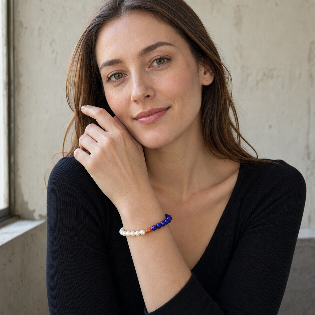 Model wearing an Akoya pearl and gemstone bracelet for everyday styling