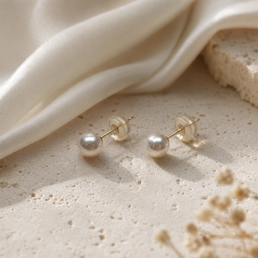 Akoya pearl stud earrings styled on a warm neutral surface