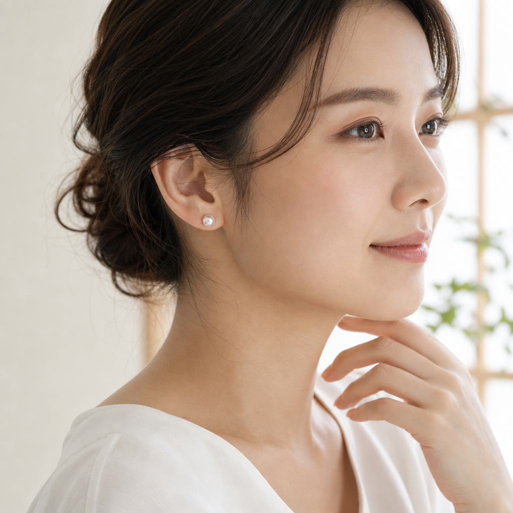 East Asian model wearing 5.5–6.0 mm Akoya pearl stud earrings