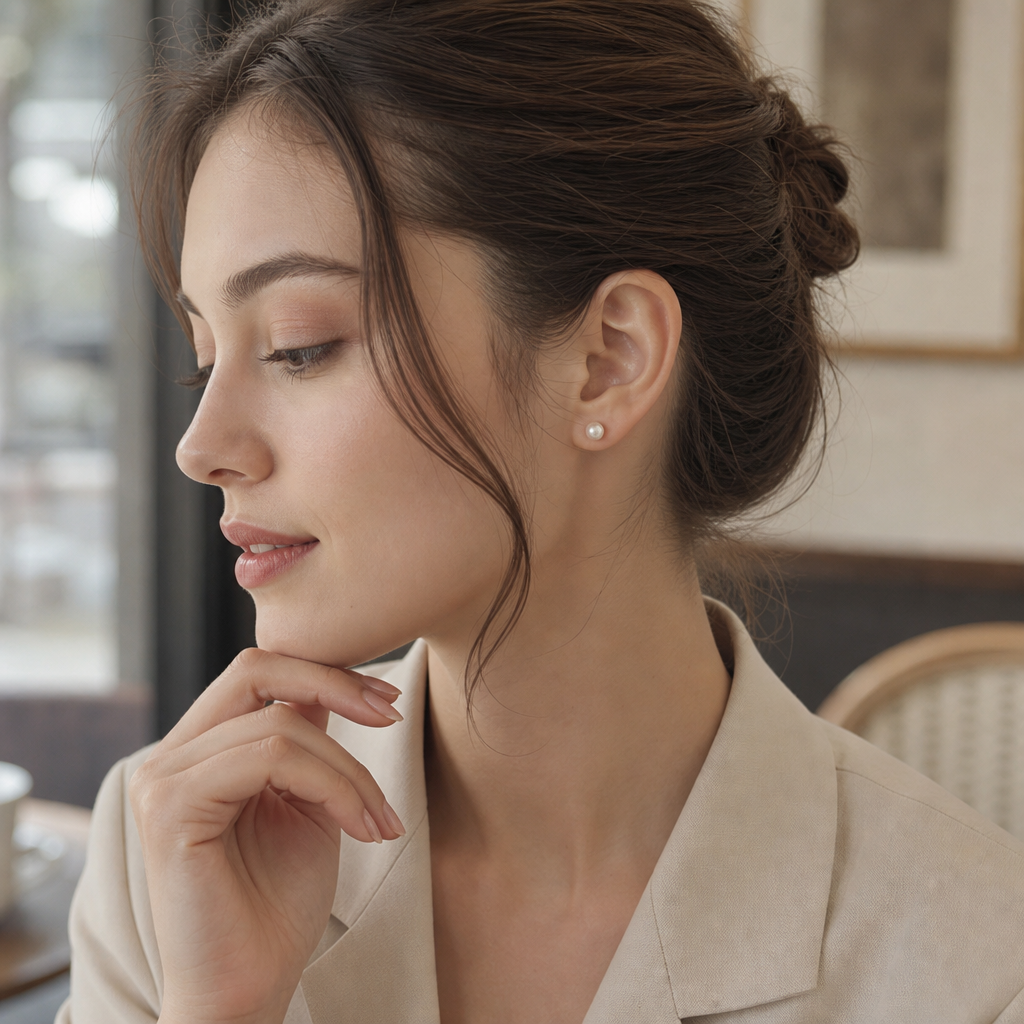 Model wearing 5.5–6.0 mm Akoya pearl stud earrings for everyday styling