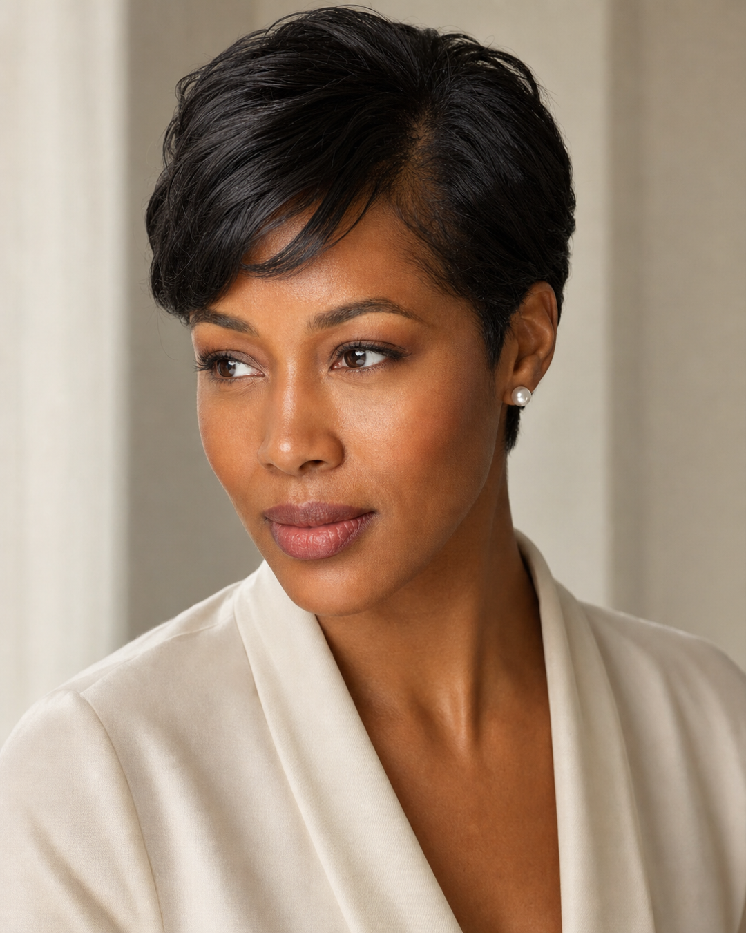 Model wearing Hanadama Akoya pearl stud earrings for everyday styling